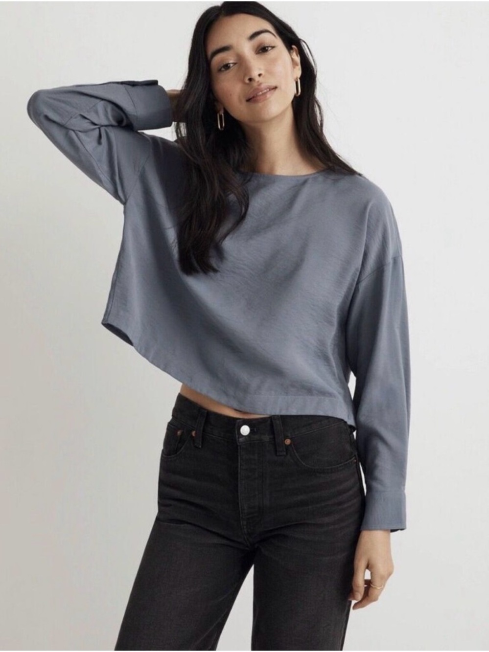 Madewell Slate Blue Cropped Long-Sleeve Blouse